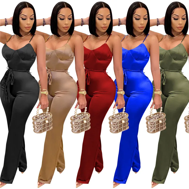 Designer Spring Jumpsuits feminino Roupas sem mangas Spaggetti Rompers Rompers Solid Bandage Cal￧as de macac￣o sexy Night Club Wear macac￣o itens em massa 6891