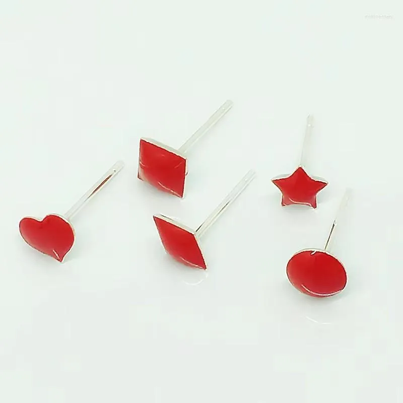 Stud Earrings 925 Sterling Silver Cute Small Star/Heart/Round/Square/Rhombic Red Glaze For Women Enamel