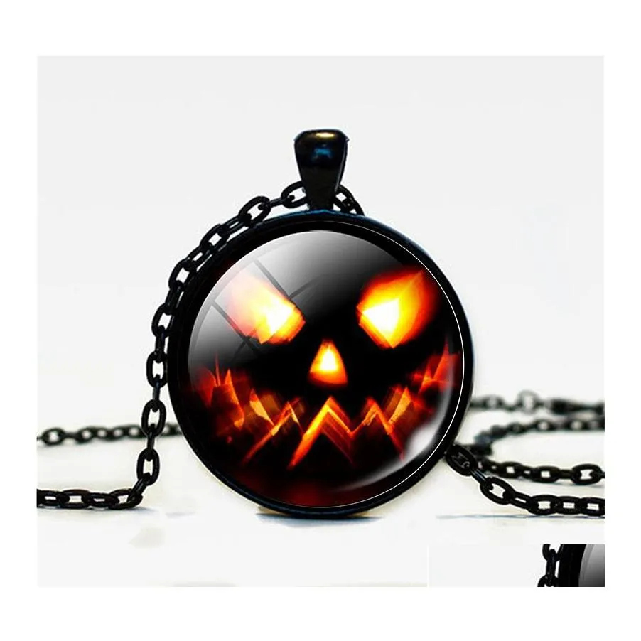 Pendant Necklaces Halloween Pumpkin For Women Men Glass Cabochon Bat Witch Chains Fashion Jewelry In Bk Drop Delivery Pendants Ot8Yf
