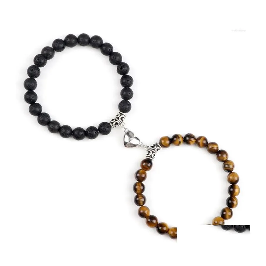 Beaded Strand 2Pcs/Set Couple Bracelets Men 8Mm Natural Tiger Eye Malachite Stone Beads Heart Magnet Bangle Friendship Women Yoga Je Dhc2N