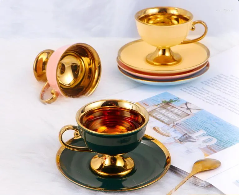 Koppar tefat keramiska guldpläterade kaffekoppar europeisk glaserad eftermiddagste och fat söt