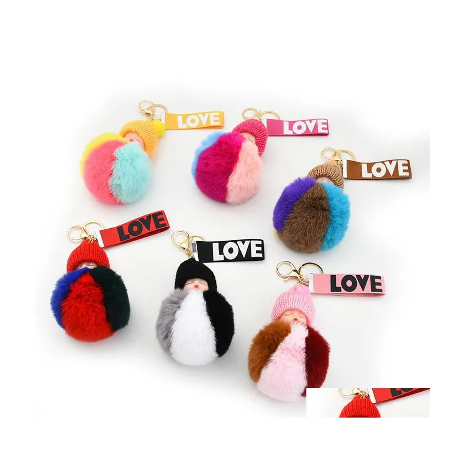 حلقات رئيسية Pompom Slee Baby Doll Cute Fluffy Plush Blush Chakeains Women Girls Bags Keyrings Cars Keyfob Decoration Drop Droviour Jewelry Dhe0n