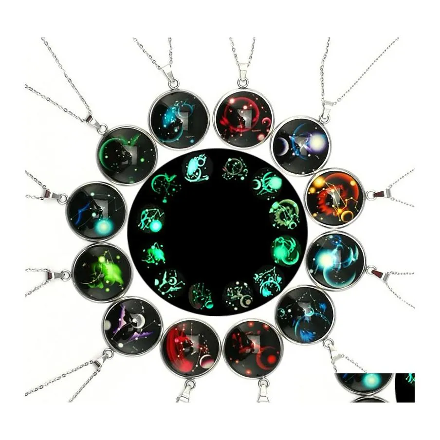 Pendentif Colliers Glow In The Dark 12 Signe du Zodiaque Pour Femmes Hommes Acier Inoxydable Horoscope Verre Cabochons Chaînes Mode Lumineux Dr Otqmw