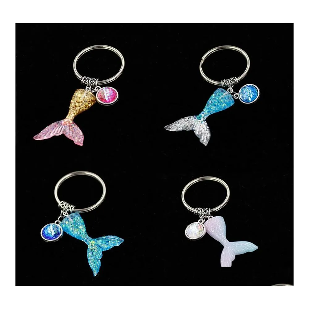 Konst och hantverk Fashion Drusy Druzy Key Rings Mermaid Scale Fishtail Keychain Fish Shimmery Chain For Women Lady Drop Delive Dhacn