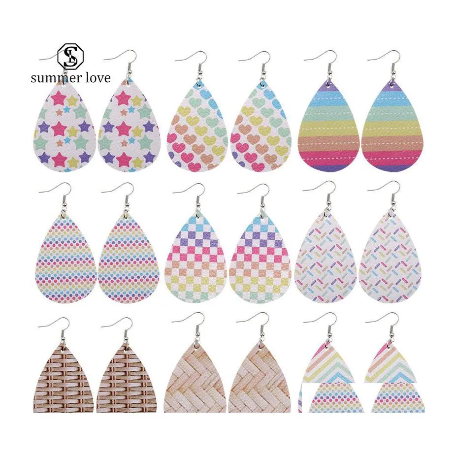 Baumeln Kronleuchter Design Regenbogen Leder Ohrringe Geometrie Plaid Herz Muster Wasser Tropfen Stern Gitter Teardrop Ohrring Für Frauen Dhf7V