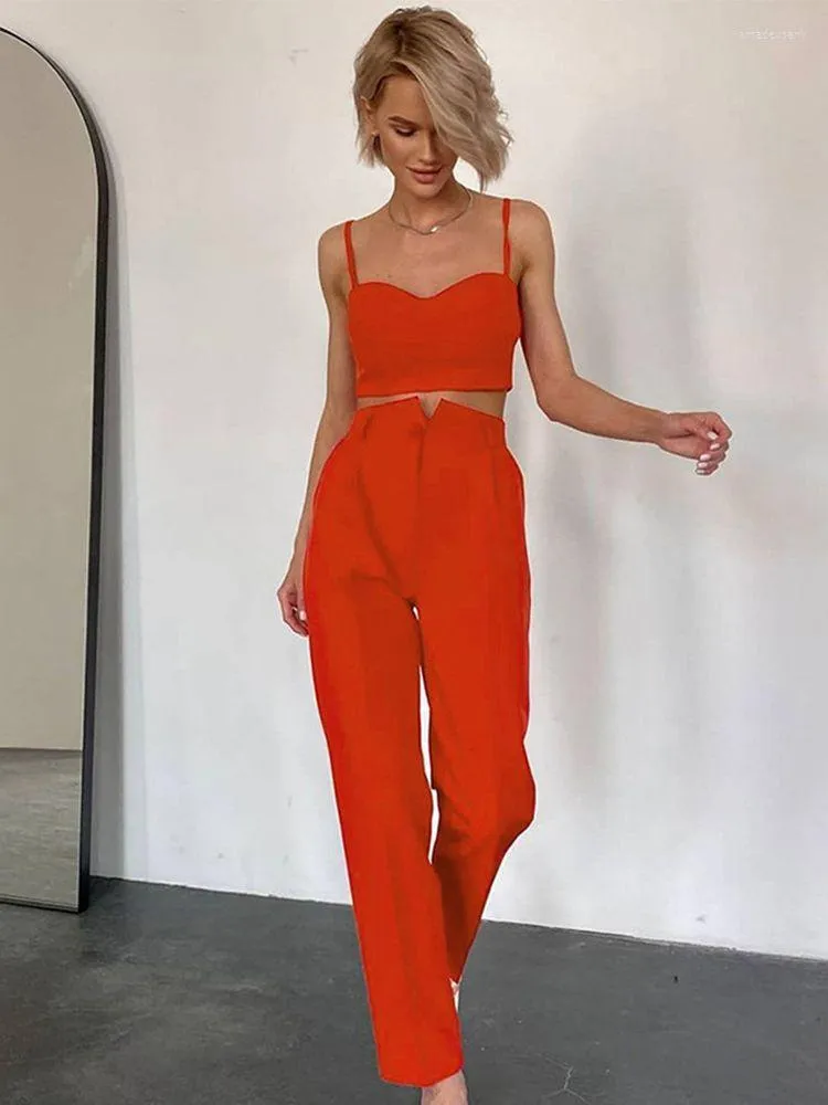 Pantaloni a due pezzi da donna Pantaloni alla moda Abito da donna Gilet arancione estivo Set di matite Abiti femminili Corsetto Top con tailleur pantalone