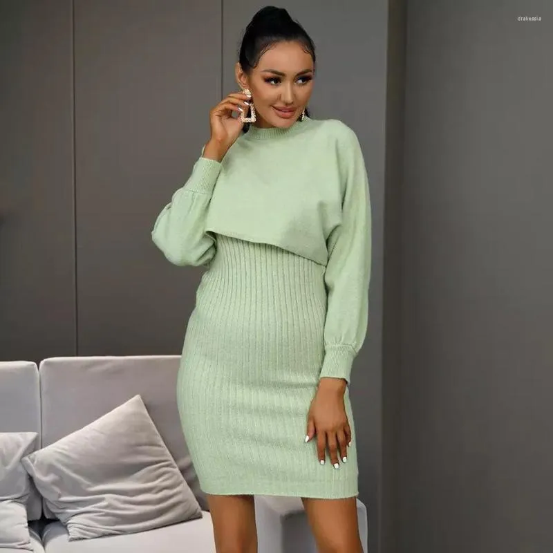 Casual Dresses Autumn Women Sweater Dress Knitted Solid Color Two Pieces Winter Warm Knitwear Fashion Female Vestido C3184