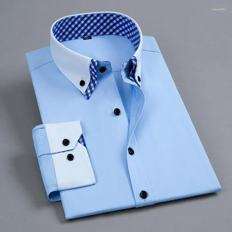 Herrklänningskjortor långärmad mens formell skjorta lätt vård mode dubbel krage fast färg affärskontor arbete smart casual casual
