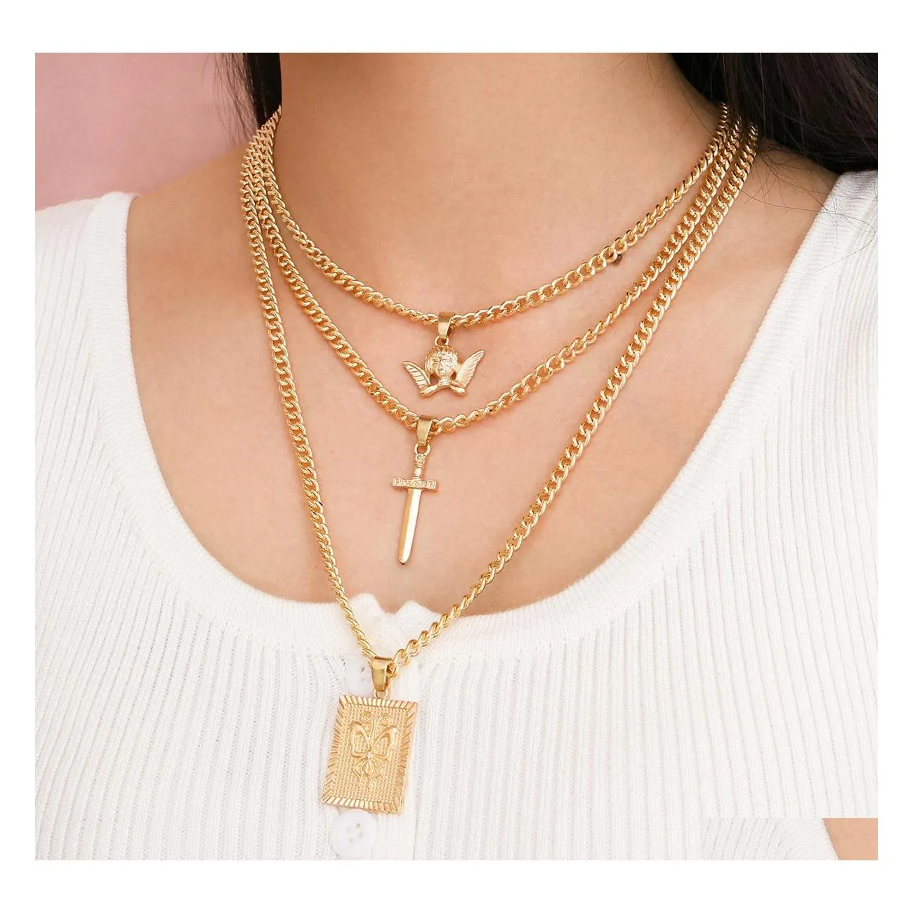 Pendant Necklaces Fashion Jewelry Mtilayer Necklace Metallic Butterfly Cross 3Pcs/Set Drop Delivery Pendants Dhcwy