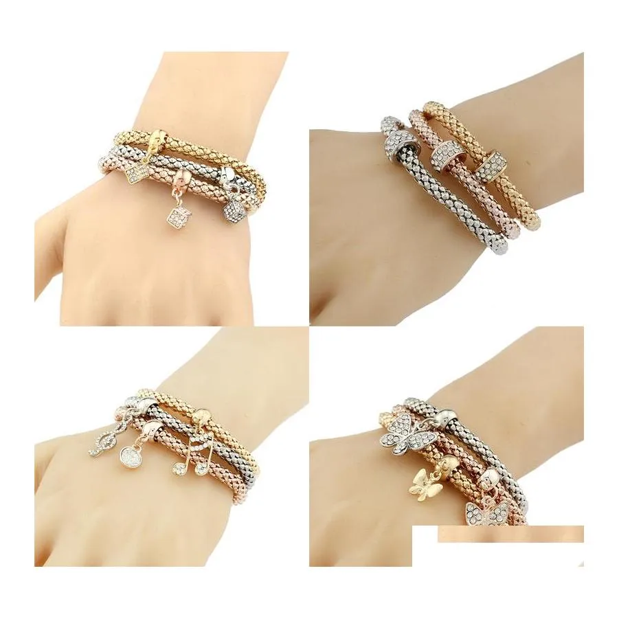 Bracelets de charme Threecolor Popcorn Bracelet Sets Stretch Bangles Stretch Crystal Rhinestone Music Note