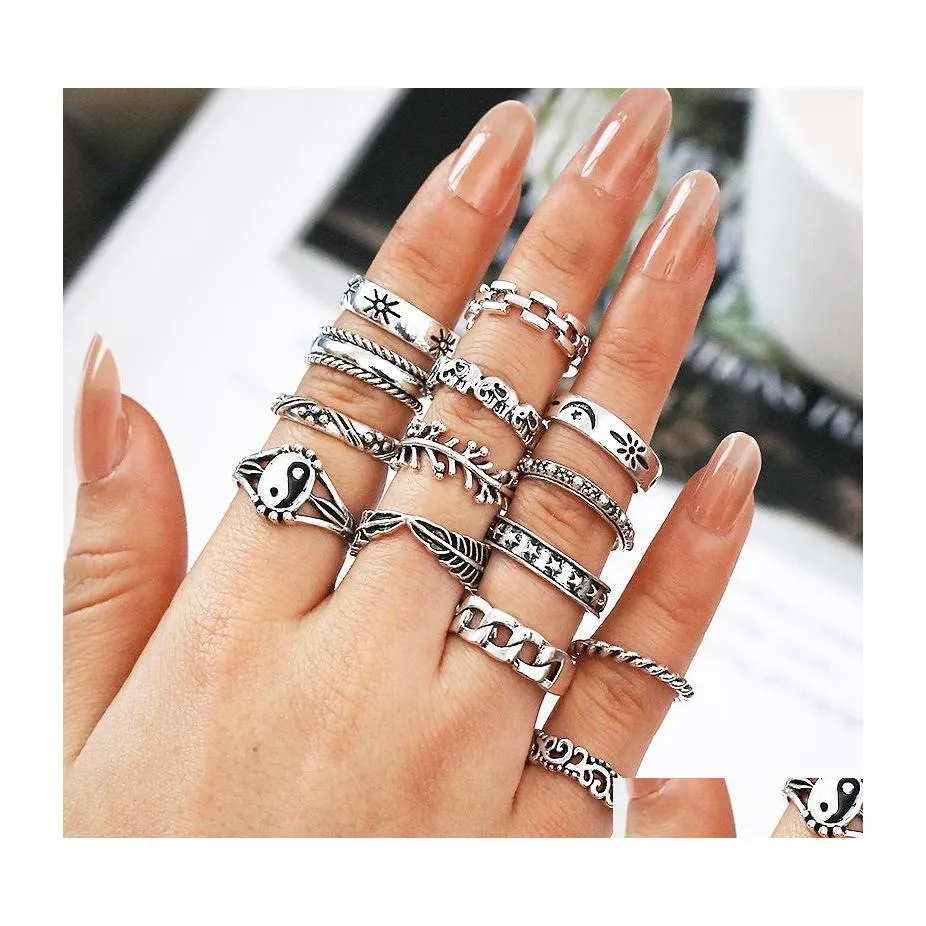 Band Rings Fashion Jewelry Knuckle Ring Set Retro Sier Relief Elephant Chain Geometric Stacking Midi Sets 14Pcs/Set Drop Delivery Dhpi0