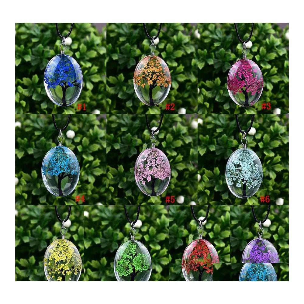 Colliers pendents Verre de vie ovale pour femmes fleurs séchées spécimen de cuir joaillerie de bijoux de gouttes cadeaux pendentifs otkh1