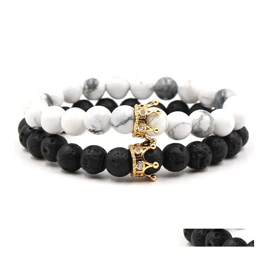 Brins de perles mosaïque Cz couronne bracelet en pierre naturelle ensemble diffuseur d'huile essentielle pierre de lave blanc turquoise bracelet perlé pour les femmes Otzih