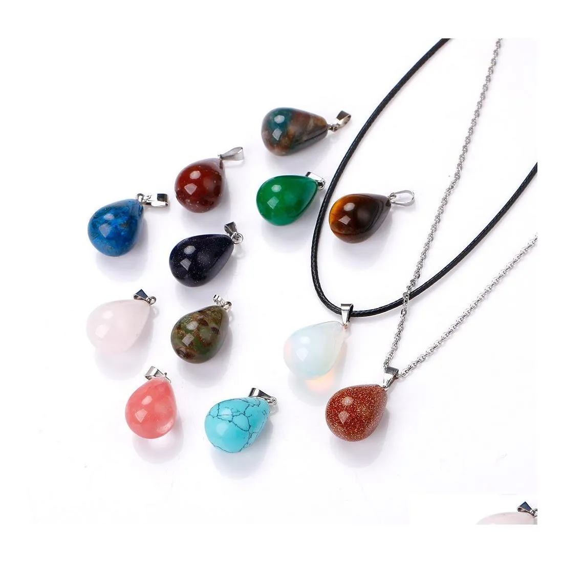 Arts And Crafts Natural Stone Water Drop Pendant Necklace Opal Tigers Eye Pink Quartz Crystal Chakra Reiki Healing Pendum Necklaces Dhfoa