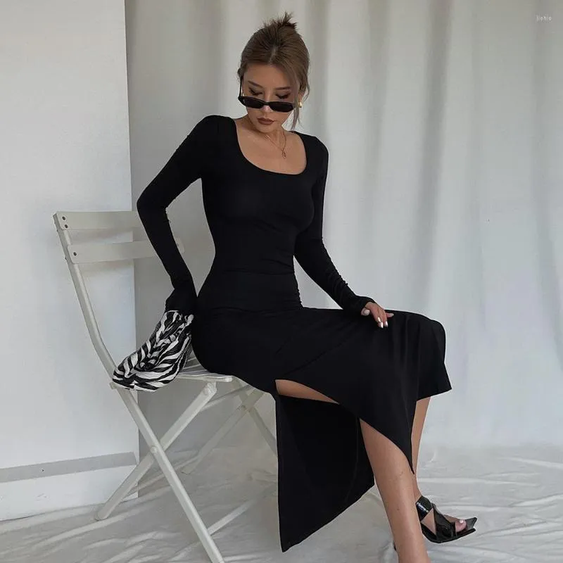 Casual Dresses Dress Sexy Party Club Modal Square Collar Low Cut Tight Slit Hip Wrap Long Sleeve Midi Spring Clothes 2023