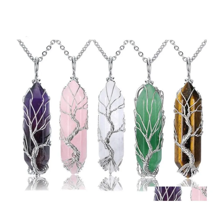 Konst och hantverk och gjord koppartråd inslaget Tree of Life Halsband Natural Stone Pink Crystal Amethyst Pelar Gem Pendant Jewelry Dro Dhul6