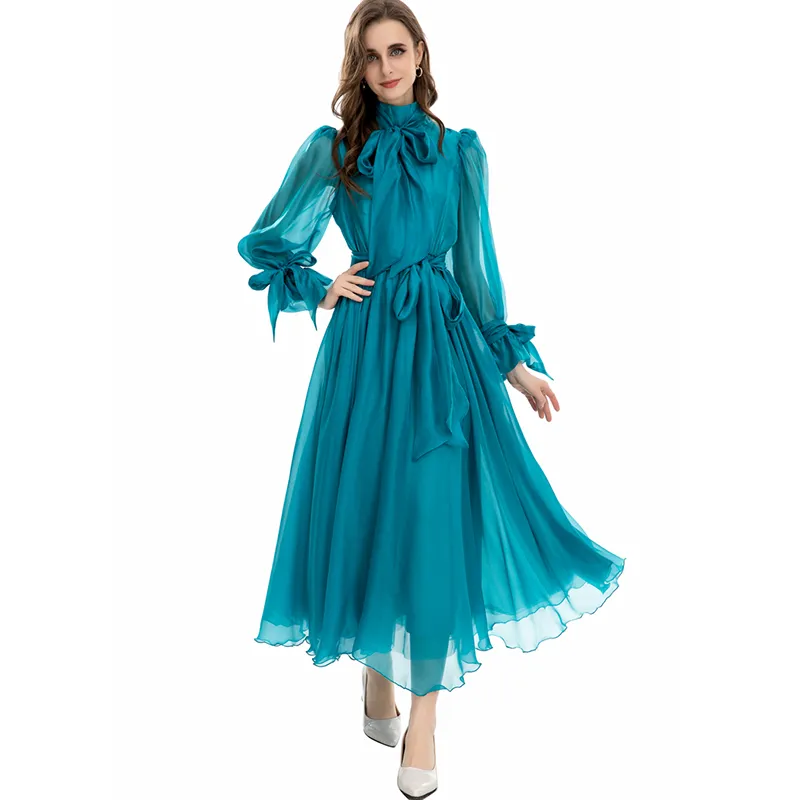 Kvinnors landningsbanor spetsar krage långa ärmar elegant high street klänning med skärmar vestidos