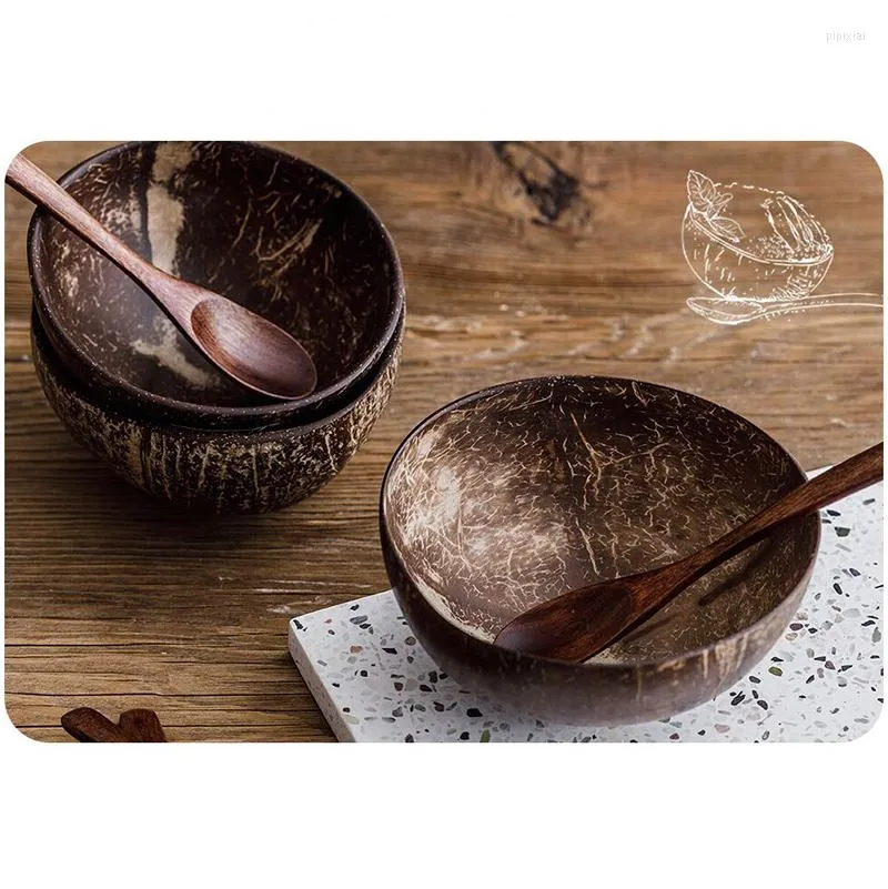 Kommen 12-13,5 cm natuurlijke kokosnootkom houten servies lepel set coco keuken item rijst ramen salade home decoratief serviesgoed