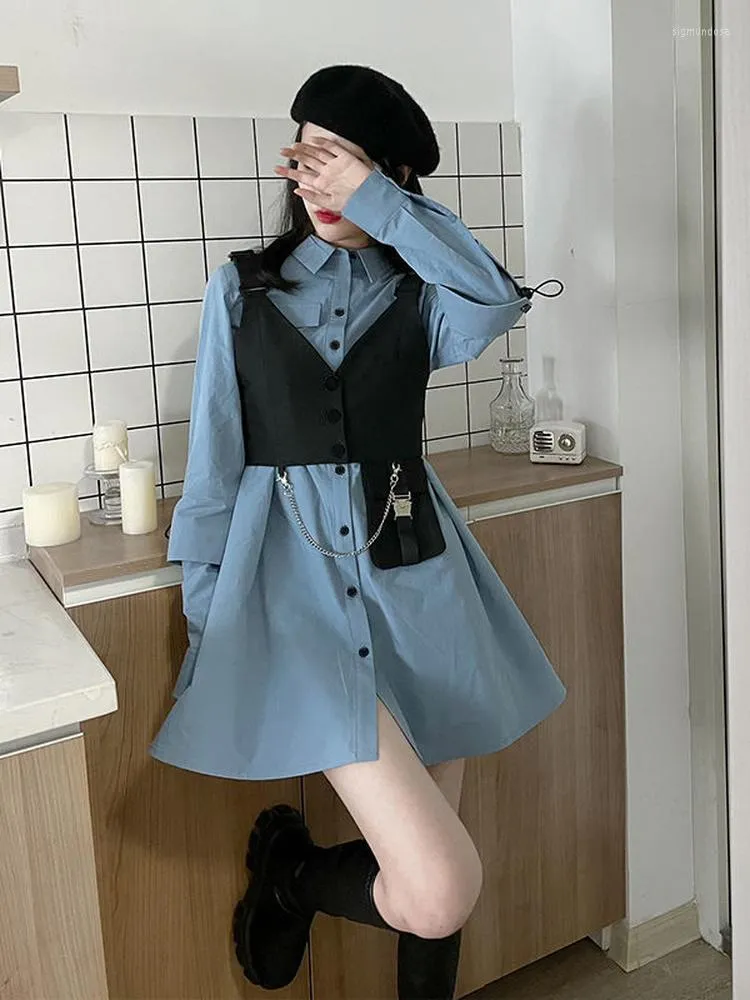 Robes décontractées 2023 automne deux pièces ensemble femmes gilet noir à manches longues chemise bleue Robe Vintage coréen Chic tenues élégante Robe Femme