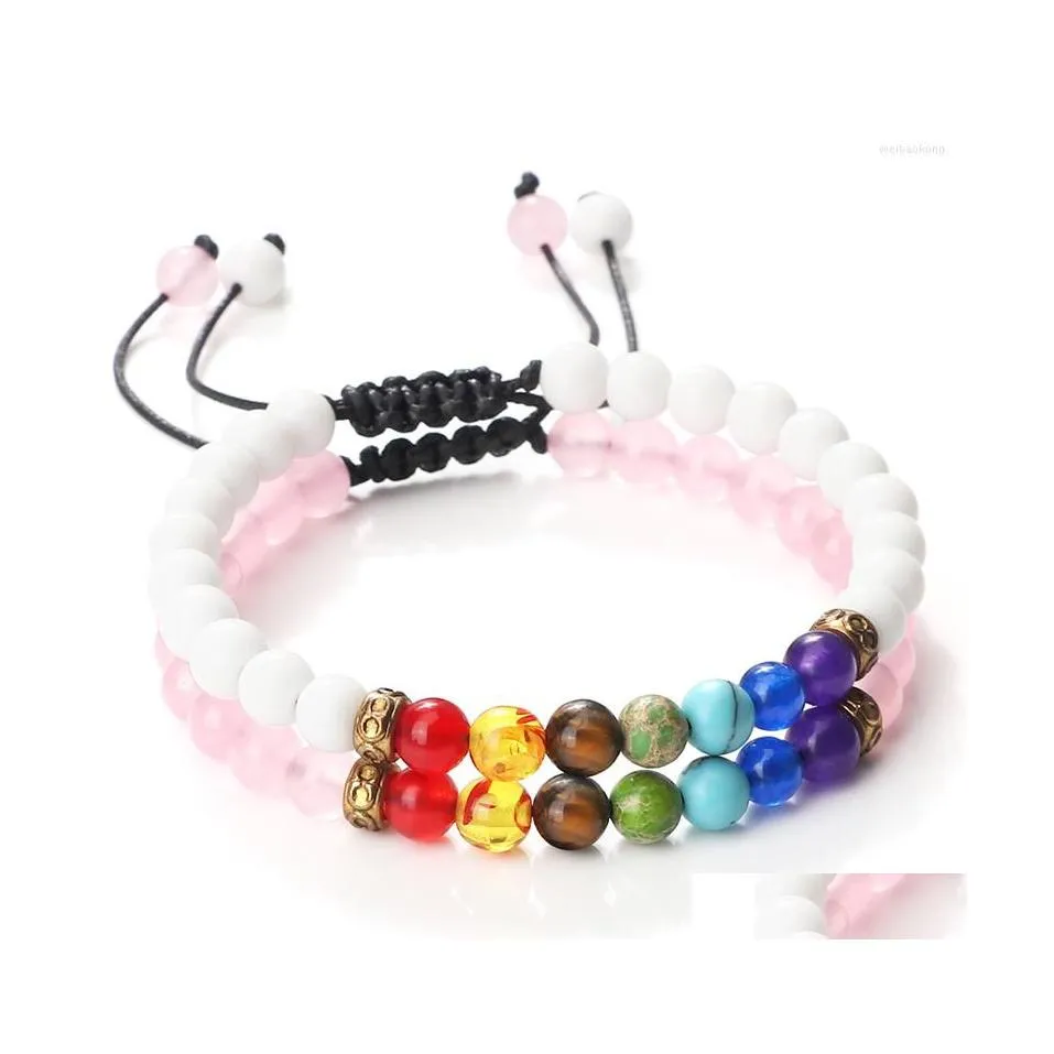 Perlenstrang weiße Porzellanperlen Armbänder 6 mm 7 Chakra Reiki Heilung Naturstein Frauen Männer Armband für Paare Freundschaft Jude Dhba8