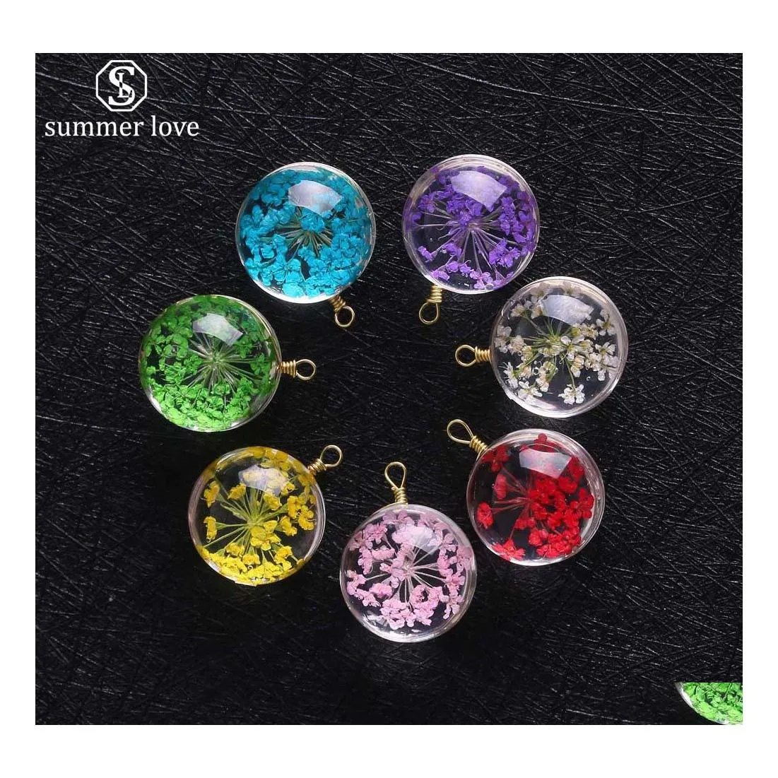 Charms ankomst 15 mm torkat blomma glas h￤nge charm f￶r halsband ￶rh￤nge colorf transparent kulform smycken grossist droppe deliv dhjfe