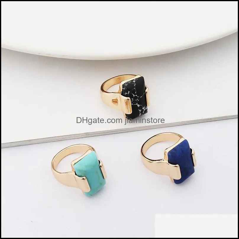 Solitaire Ring Nya stilar Guldpl￤terade Rec Natural Stone Geometry Black Turquoise for Women Jewelry Drop Delivery OTM4H