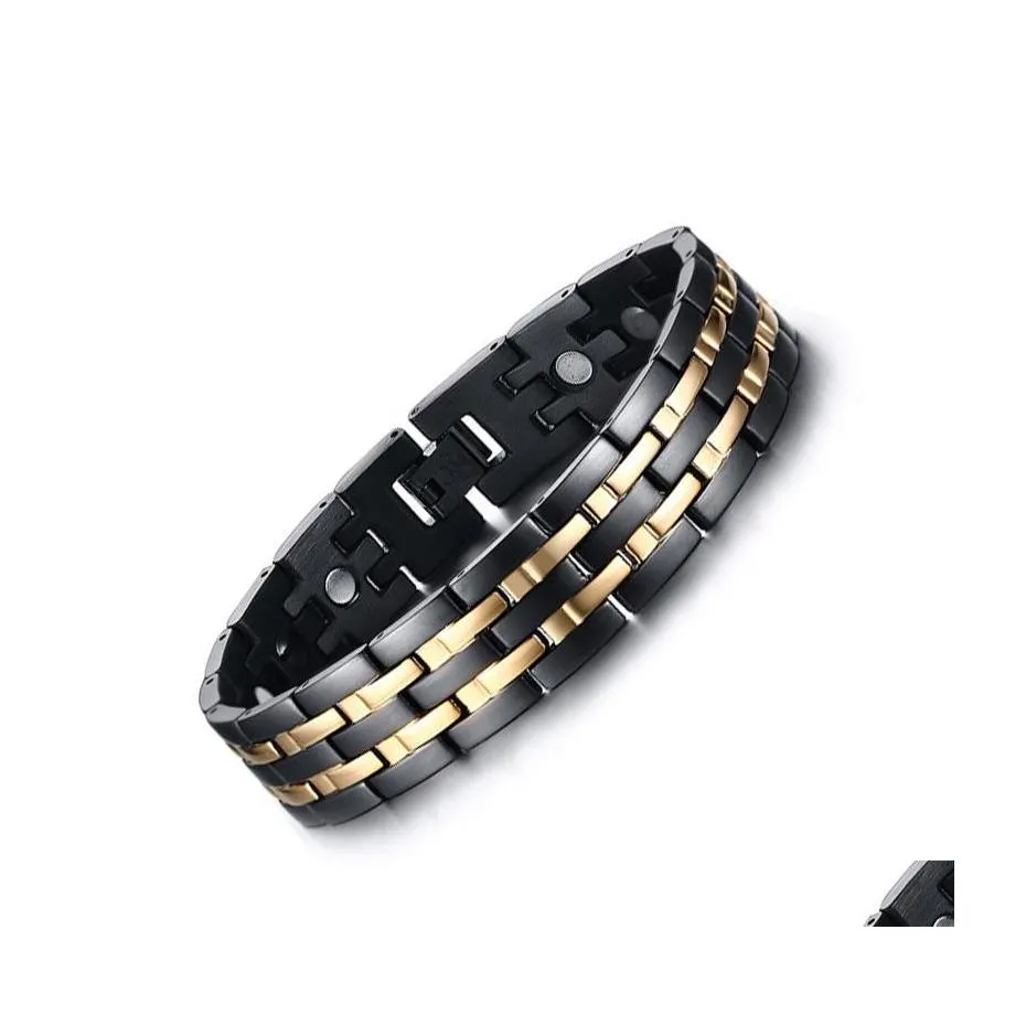 Cadena de eslabones Exquisita Pulsera magnética saludable para hombre Chapado en oro y negro Energía Joyería de acero inoxidable Terapia Regalo de cumpleaños Gota del Dhibn