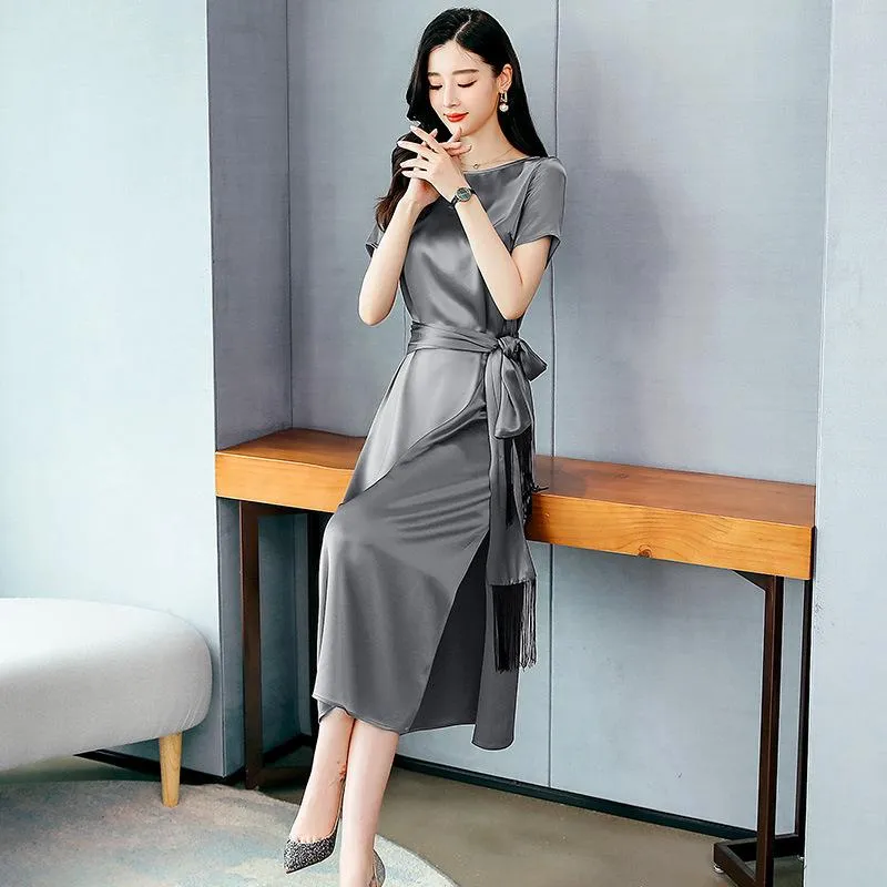 Casual klänningar Mid Long Korean Fashion Acetate Satin Dress