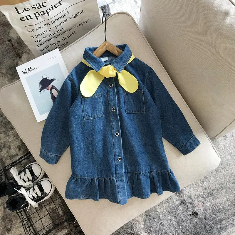 Girl Dresses Girls Denim Dress 2023 Autumn Kid Clothes Baby Korean Long Sleeve Ruffles Princess Fashion Cute Children Clothing