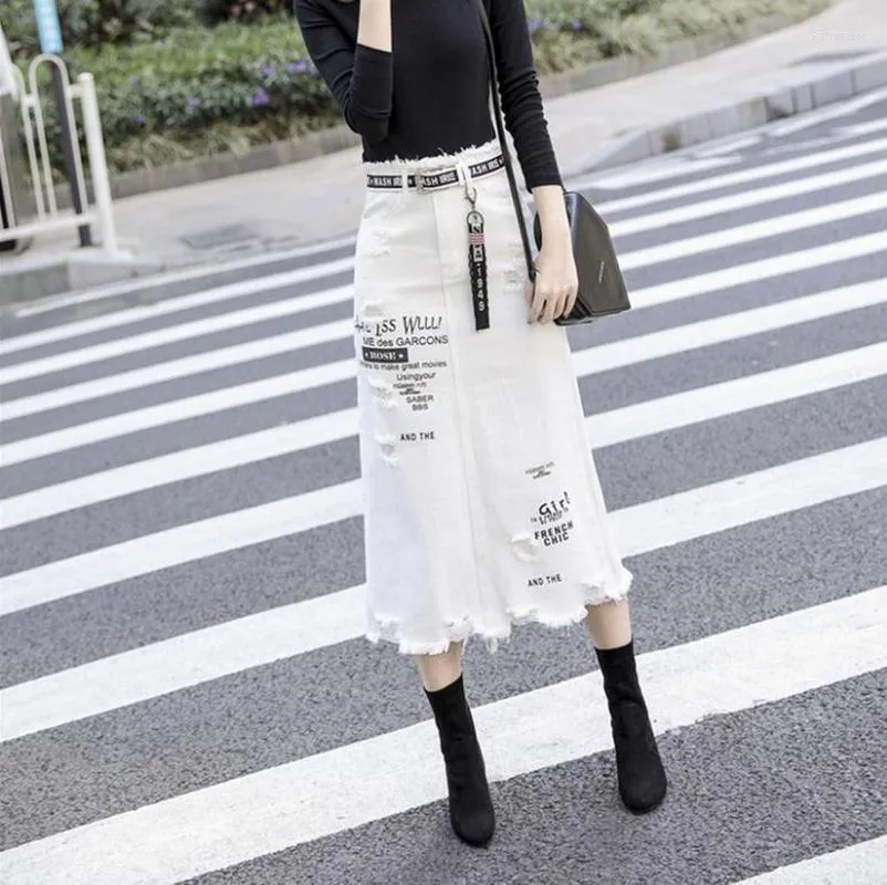 Skirts Spring Women Fashion High Waist Large Size A-Line Hole Jean Female Sexy Casual Letter Printing Ripped Denim White