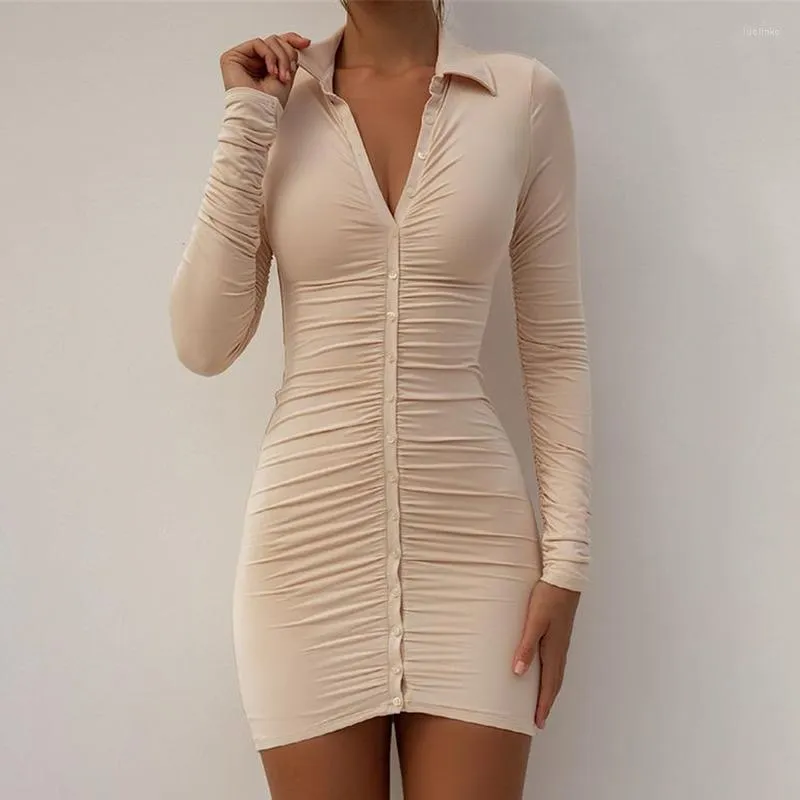 Casual Dresses Sexy Pleated Bodycon Dress Women Long-Sleeved Mini Summer Turn-Down Collar Single-Breasted Short Slim Lady Vestidos