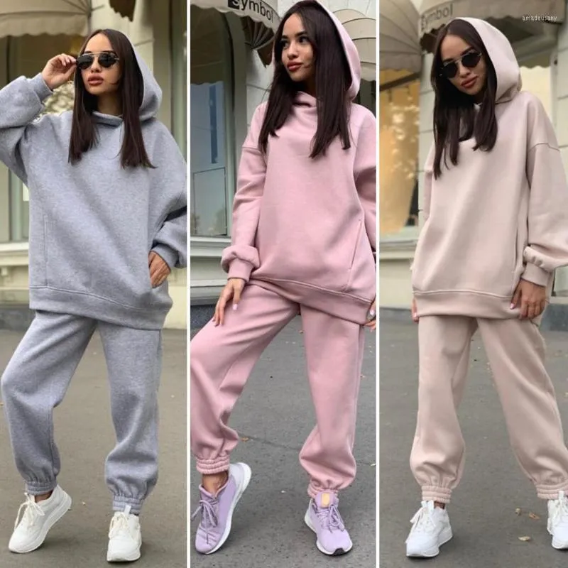 Tweedelige broek van dames 2 pc's/set trendy winter hoodie set capuchon kade warm pocket casual Deep Crotch herfst tracksuit