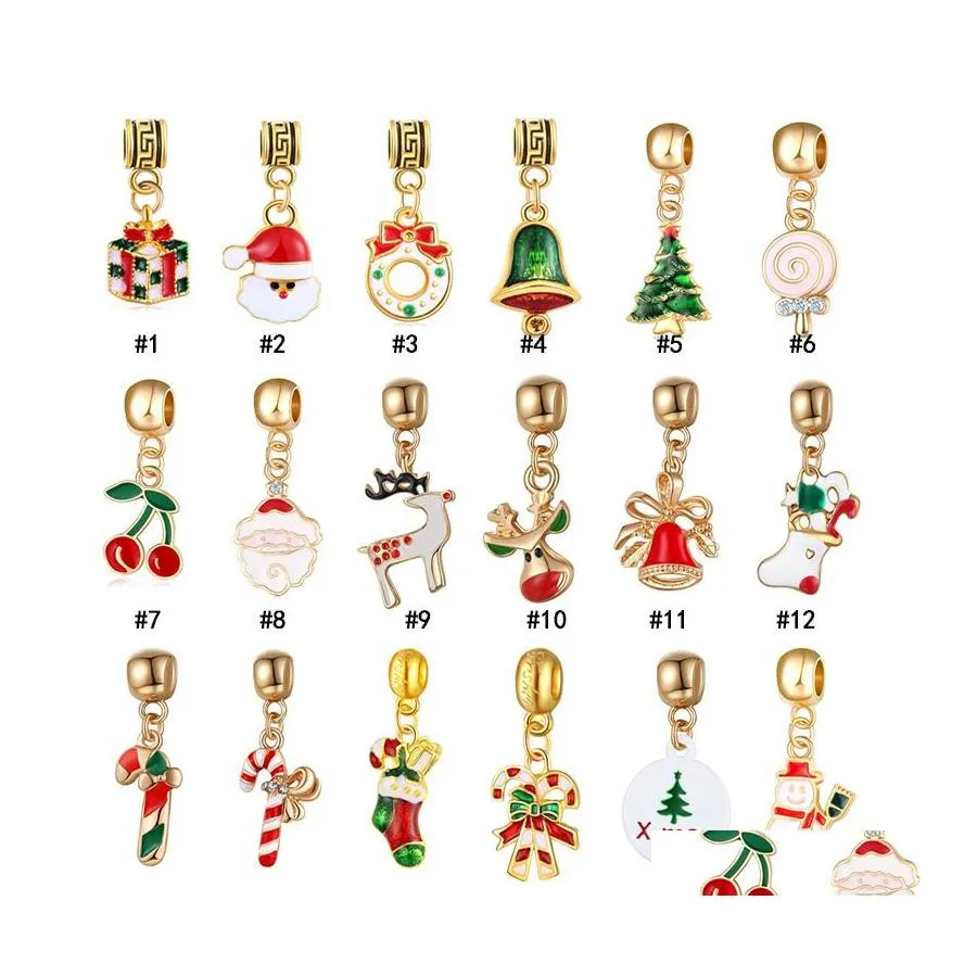 Charms Christmas Enamel Large Hole Beads Charm Tree Santa Claus Garland Bell Pendant For Bracelet Fashion Jewelry Making Drop Delive Otuhw