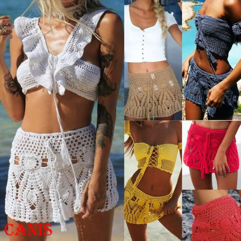 Women's Swimwear Women 2023 Summer Sashes Waist Floral Knit Crochet Bikini Cover Up Bathing Suit Beach Wrap Skirt Mini Cover-Ups