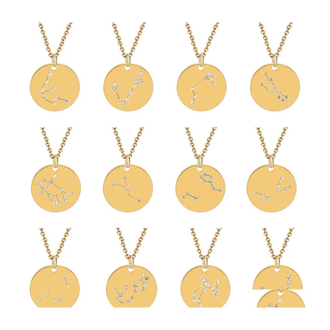 Pendant Necklaces 12 Zodiac Sign Stainless Steel Coin Crystal Diamond Constellation Charm Gold Sier Chain For Women Fashion Jewelry Otq35