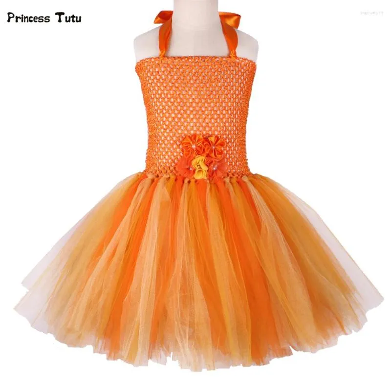 女の子のドレスオレンジゴールドフラワーガールズチュチュドレスプリンセスパフォーマンスバースデーパーティー子供子供ハロウィーンパンプキンコスチューム1-14Y