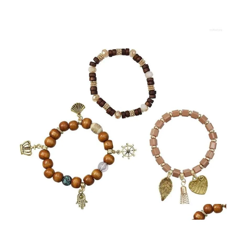 Beaded Strand 3Pcs/Set Stone Wood With Heart Leaf Pendant Bohemian Gypsy Bracelet Bangles For Women Men Jewelry Drop Delivery Bracele Dhoik