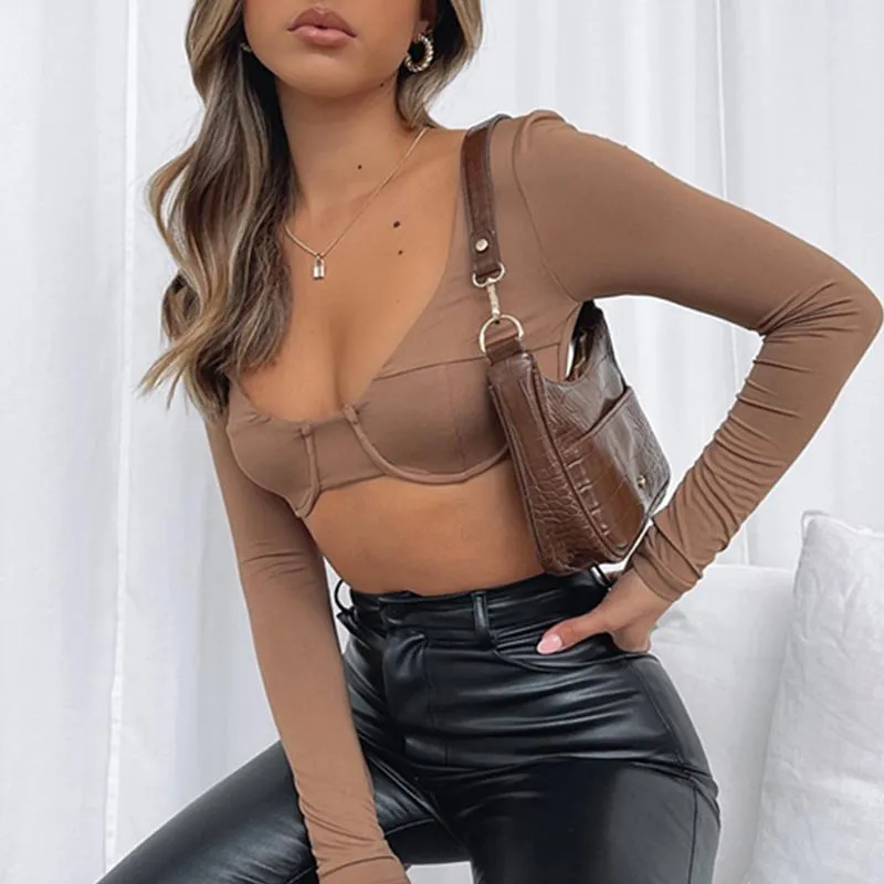 Dames t shirts dames sexy straat stijlvolle crop tops solide kleur low gesneden nek backless lange mouw slanke fit t-shirts clubkleding zomer herfst