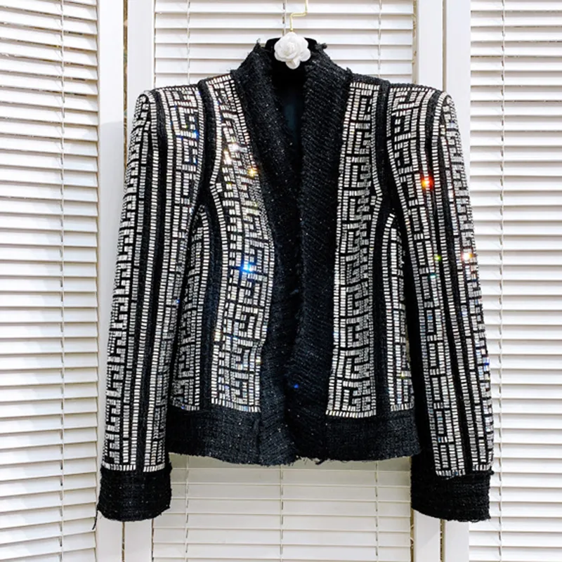 여자 양복 블레이저스 하이 스트리트 최신 디자이너 세련된 피크 어깨 라인 스톤 다이아몬드 구슬 울 블렌드 트위드 재킷 Y017