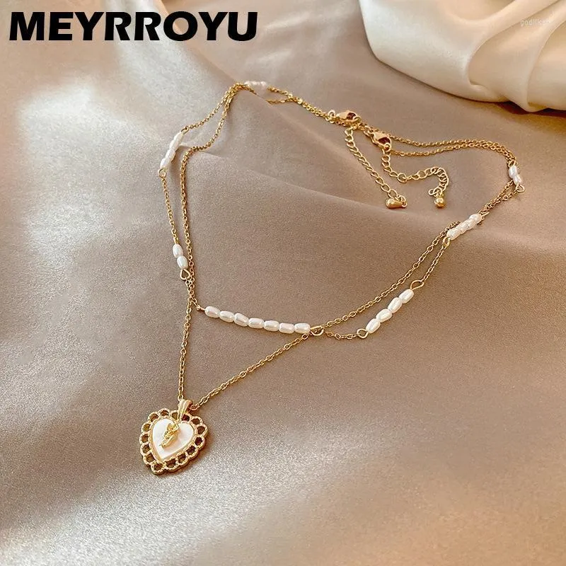 Pendant Necklaces Stainless Steel Heart Pearl Necklace For Women Korean Fashion Double Layered Jewelry Gift AccessoriesPendant Godl22