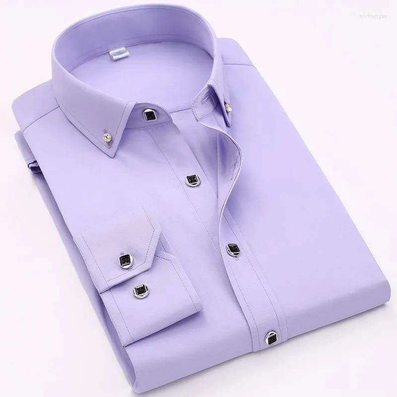 Botões de diamante de qualidade de camisas casuais masculinas vestidos masculinos de manga longa negócios de luxo de luxo de colarinho de colarinho fit