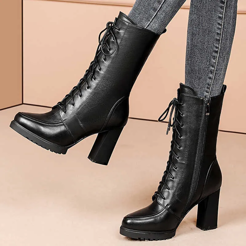 Stiefel Warme Kurze Plüsch Winter für Frauen 2022 High Heels Pu Leder Mittlere Waden Frau Plattform Motorrad Botas Schuhe 221215