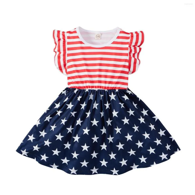 Girl Dresses Kids Dress Independence Day Star Strip Print Round Neck Sleeve Princess Gown For Summer 6 Months-4 Years 6M-4T