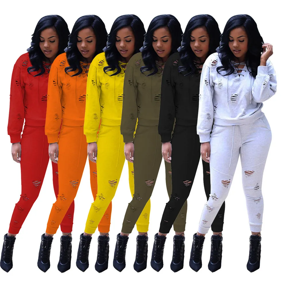 Fall Winter Women Clothes Ripped Tracksuits Long Sleeve Outfits Pullover hoodie and pants Two Piece Sets Sportswear Casual Jogger suits Solid Sweatsuits 8333
