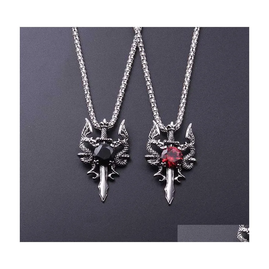 Pendentif Colliers Cool Punk Vintage Dragon Sword Pendentifs Rouge Noir Cristal Collier Pour Hommes Charme Bijoux Drop Livraison Dhedm