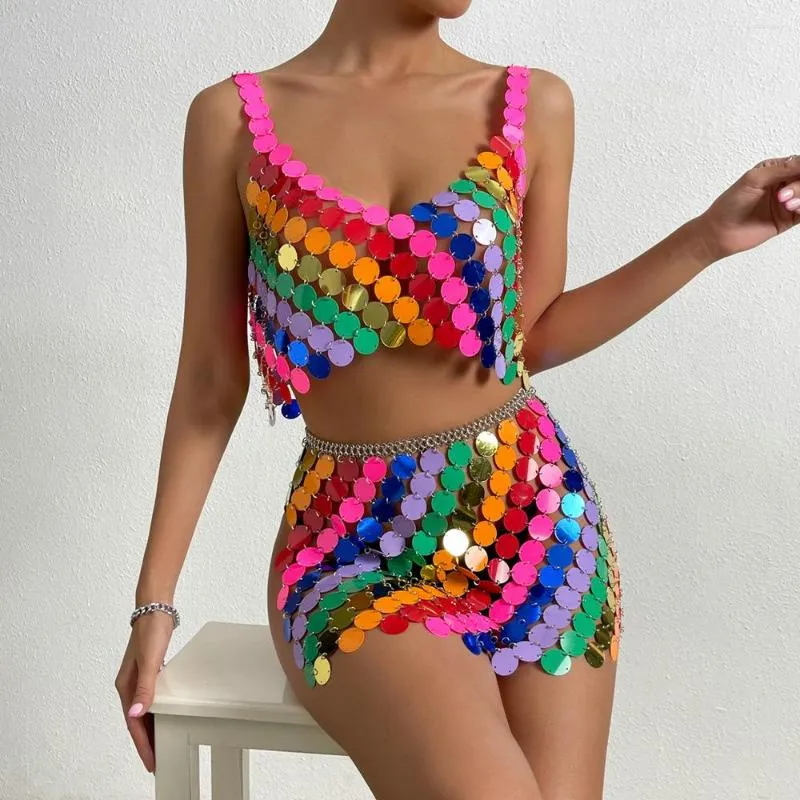 Saias Arco-íris Lantejoulas Disc Cami Top Feito à Mão Squamous Glitter Lantejoulas Patchwork Strappy Boate Festa Saia E Halter 2023