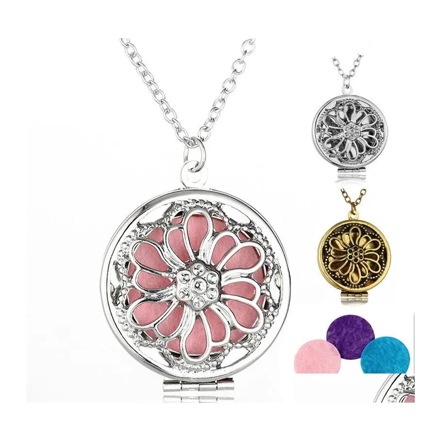 Collares colgantes Difusor de aceite esencial Flores huecas Locket abierto Cadenas largas para mujeres Aromaterapia Joyería de moda Regalo Gota del Otws2