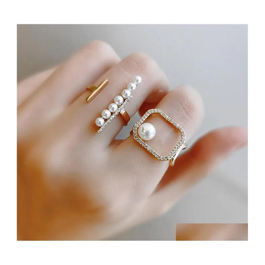 Cluster Rings Trendy Style Shiny Zirconia Open Ring Women Simated Pearl Geometric Finger Elegant Charm Hand Jewelry Accessories Drop Dhttj