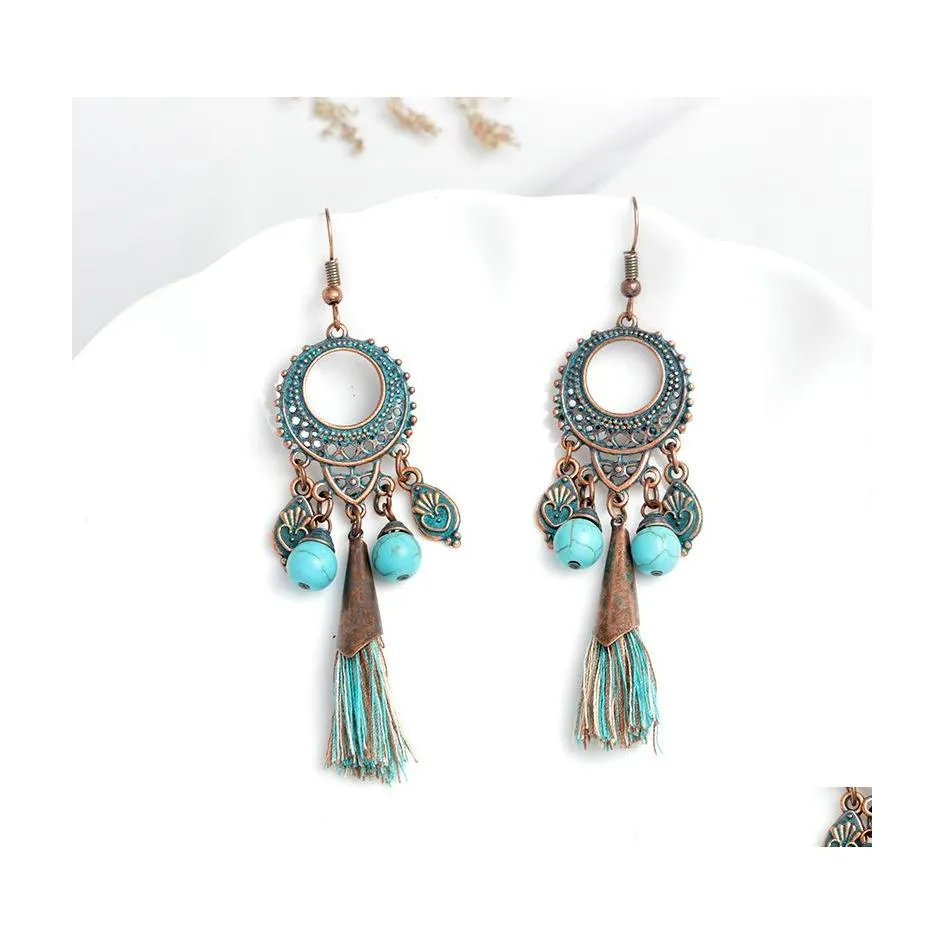 Dangle Chandelier Bohemian Fashion Jewelry Womens Vintage Hollow Out Urquoise Beads Tassels Earrings Drop Delivery Dhv9O