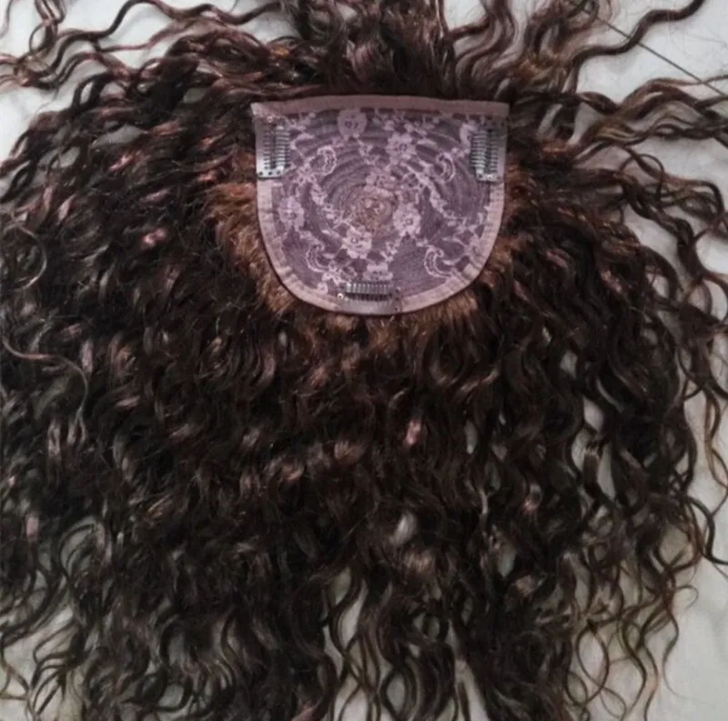 100%Human Natural Curly Hair Topper f￶r kvinnor med tunnare h￥r Weft Base Billigt enkelt med klipp 4x5 "12-20-tums medelbrun